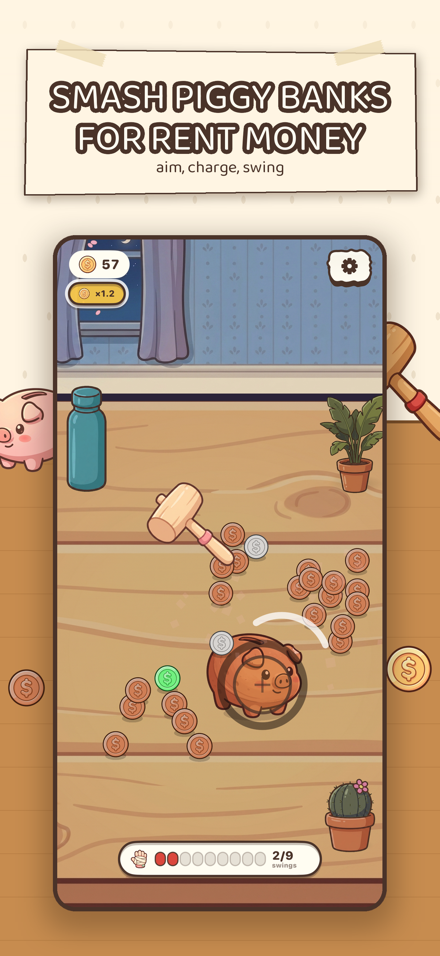 Swinging the hammer at a piggy bank on the kitchen table
